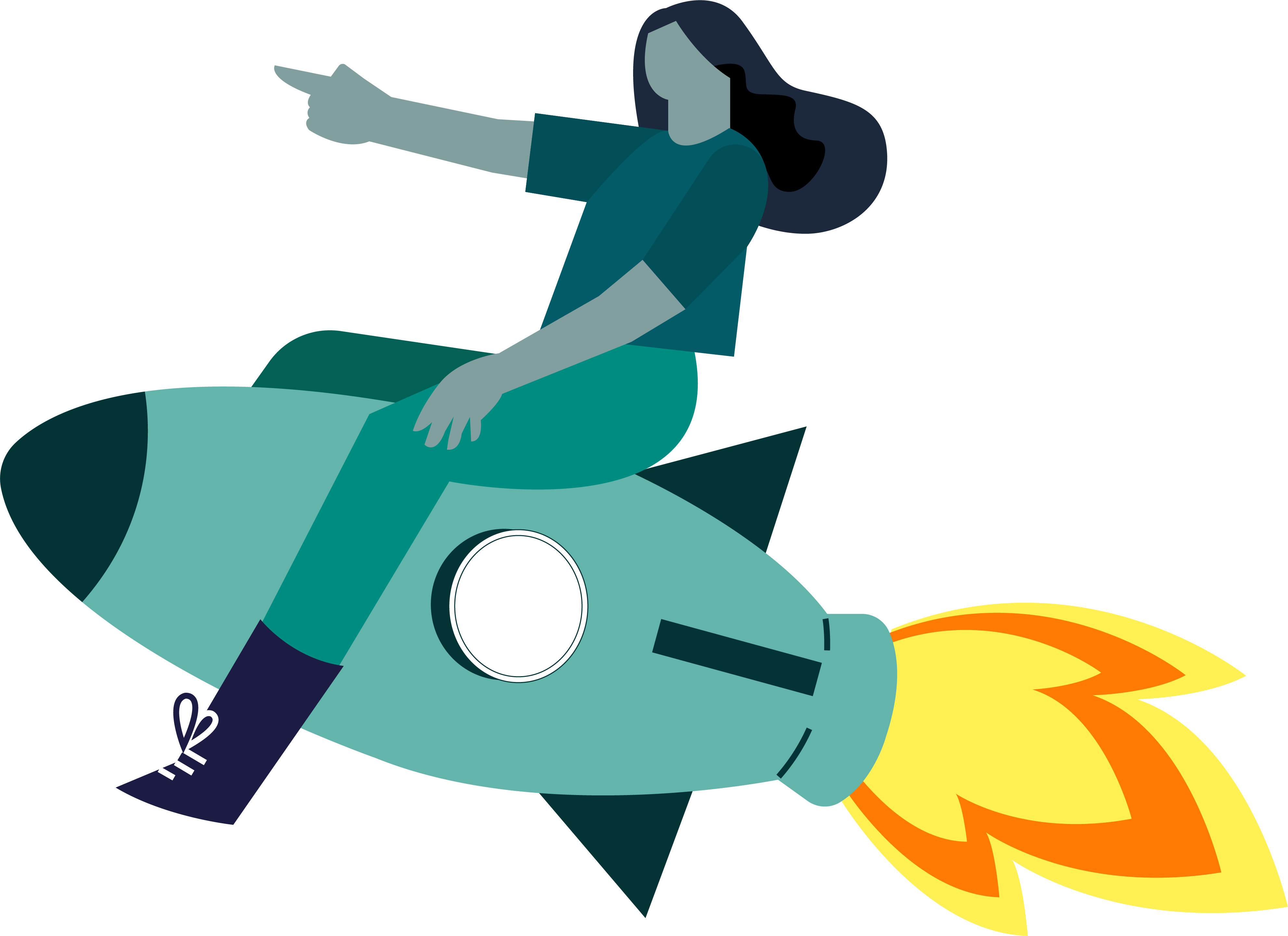 Illustrated figure riding on rocket, pointing forward. 