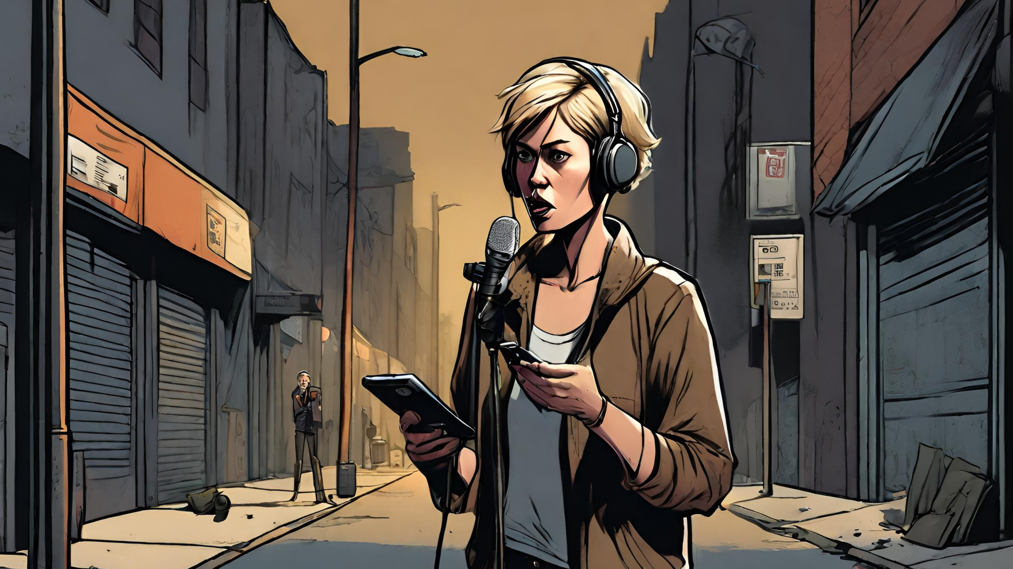 Concept art of female journalist doing an audio recording